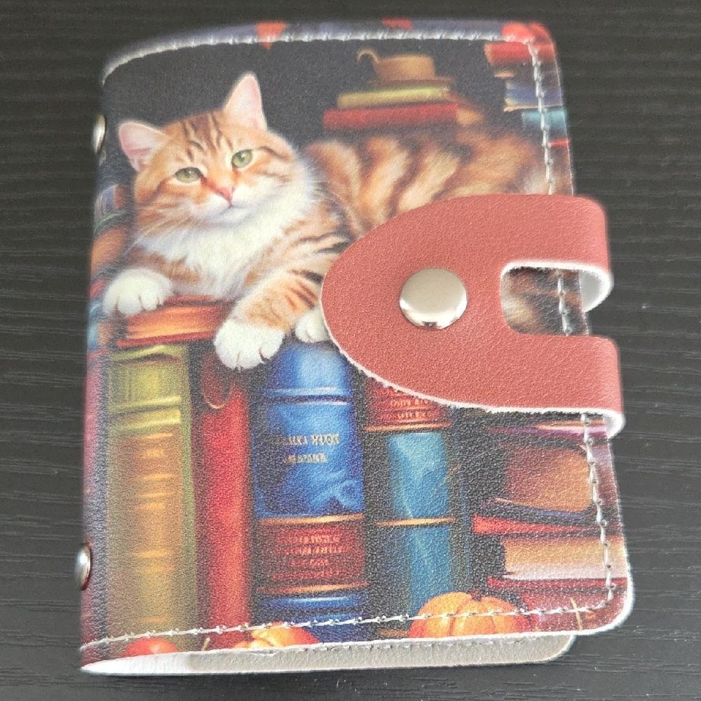 Cat-Themed Credit Card Case with Books Design